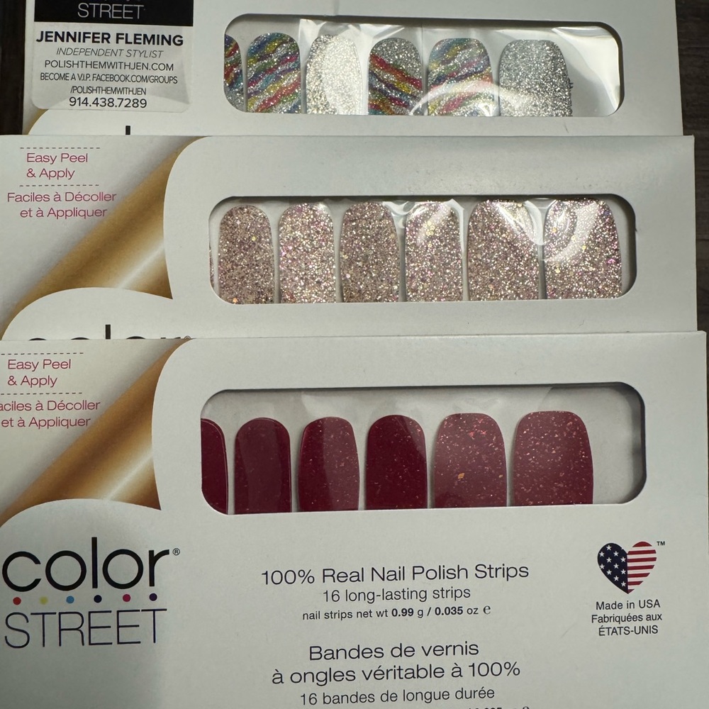 Color Street Nail Strips - Rainbow Glitter, Pink Sparkle, and Deep Red